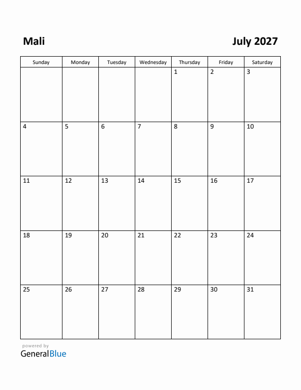 July 2027 Calendar with Mali Holidays