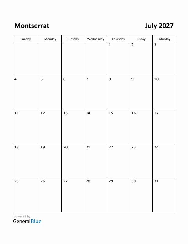 July 2027 Calendar with Montserrat Holidays