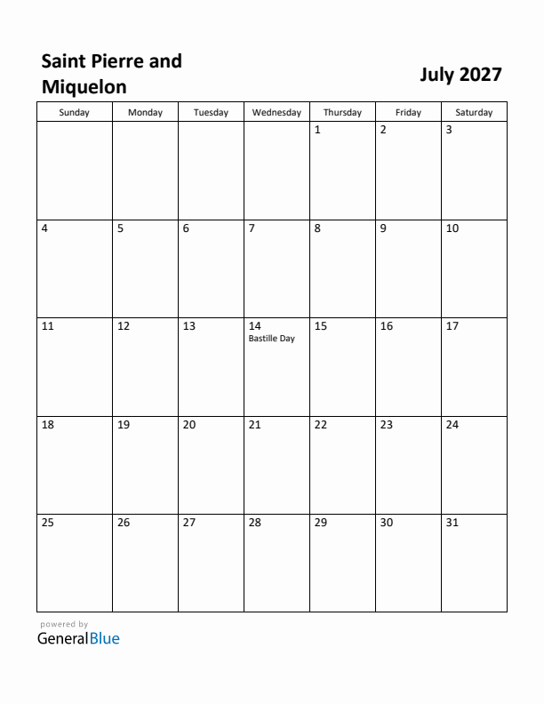 July 2027 Calendar with Saint Pierre and Miquelon Holidays
