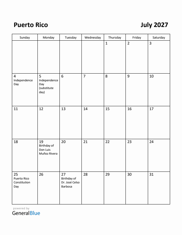 July 2027 Calendar with Puerto Rico Holidays
