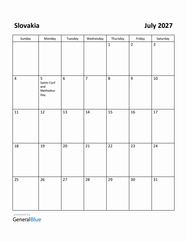 July 2027 Calendar with Slovakia Holidays