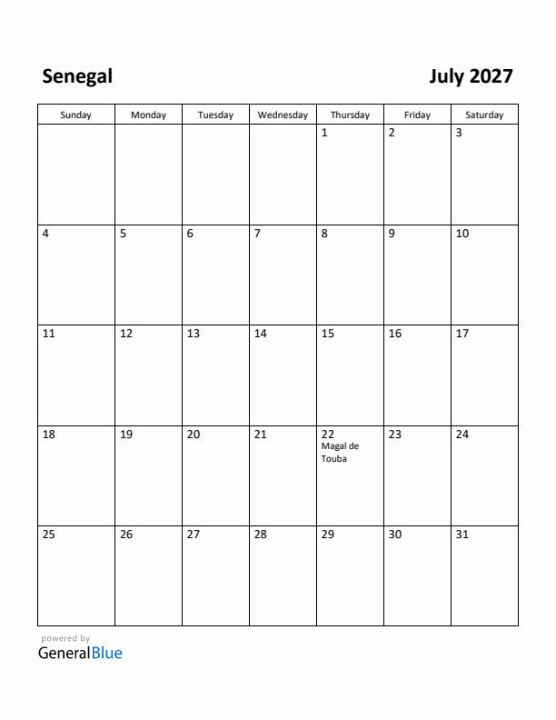 July 2027 Calendar with Senegal Holidays