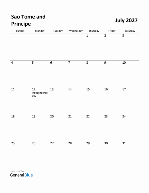 July 2027 Calendar with Sao Tome and Principe Holidays
