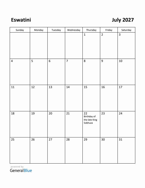 July 2027 Calendar with Eswatini Holidays