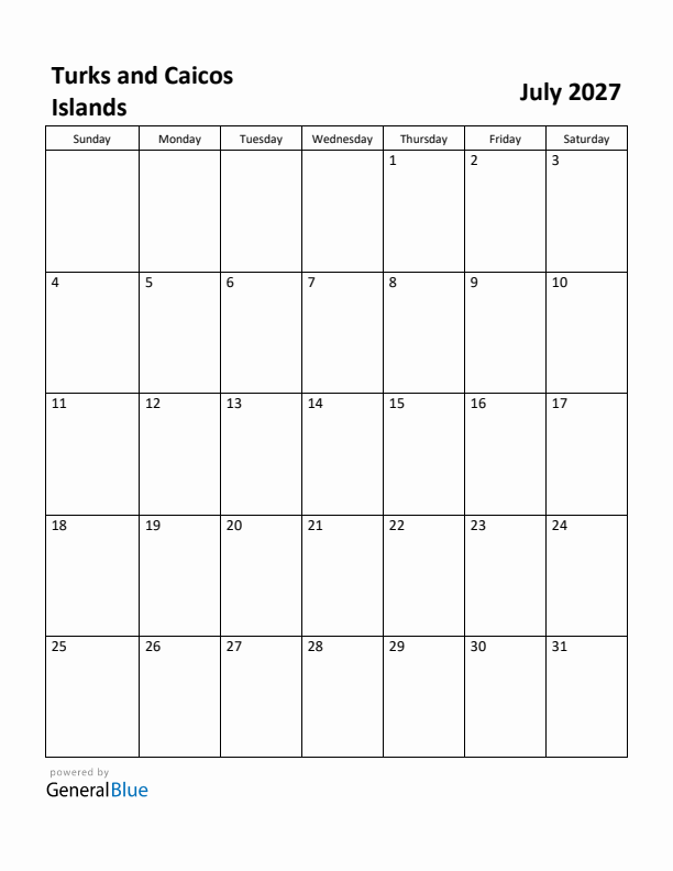 July 2027 Calendar with Turks and Caicos Islands Holidays