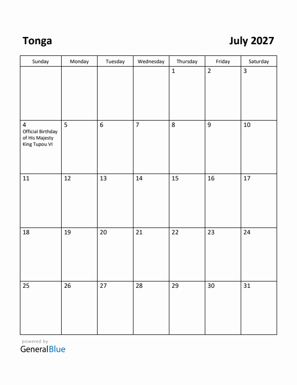July 2027 Calendar with Tonga Holidays
