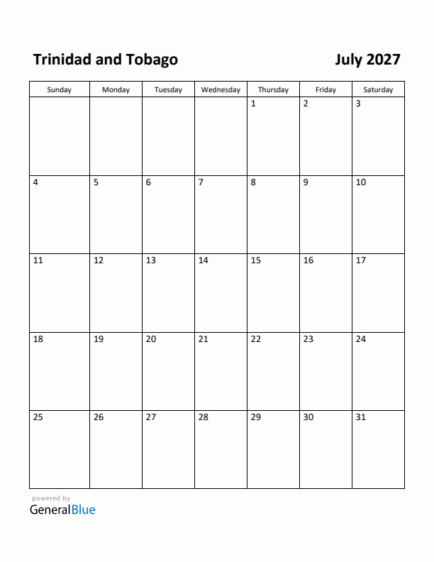 July 2027 Calendar with Trinidad and Tobago Holidays