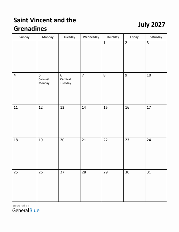 July 2027 Calendar with Saint Vincent and the Grenadines Holidays