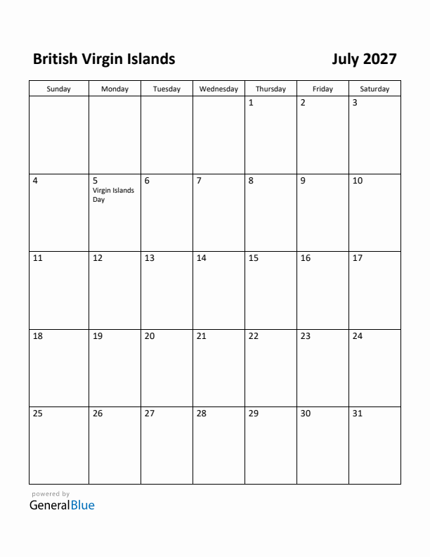 July 2027 Calendar with British Virgin Islands Holidays