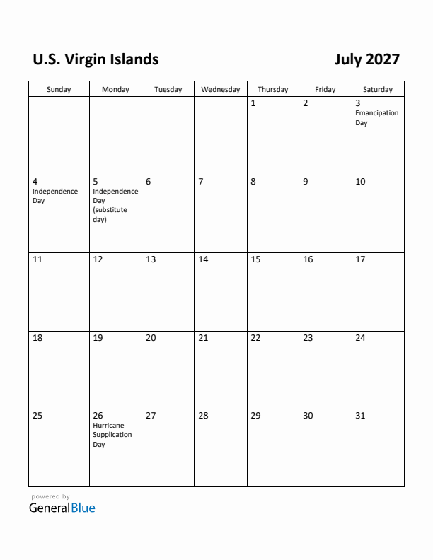July 2027 Calendar with U.S. Virgin Islands Holidays