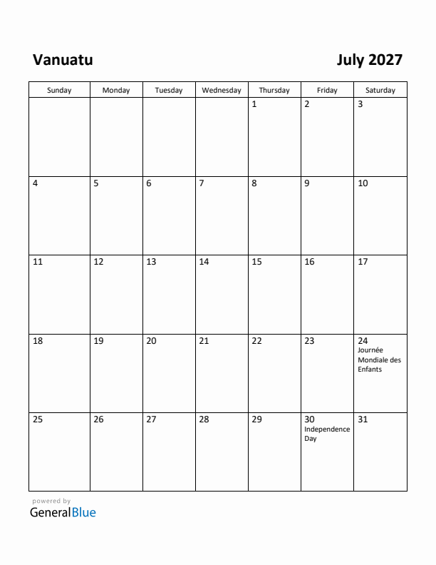 July 2027 Calendar with Vanuatu Holidays