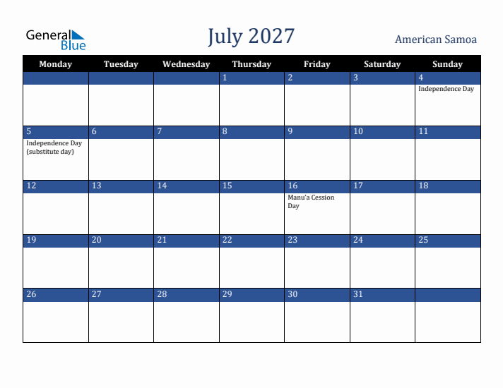 July 2027 American Samoa Calendar (Monday Start)