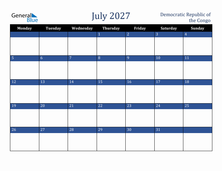 July 2027 Democratic Republic of the Congo Calendar (Monday Start)