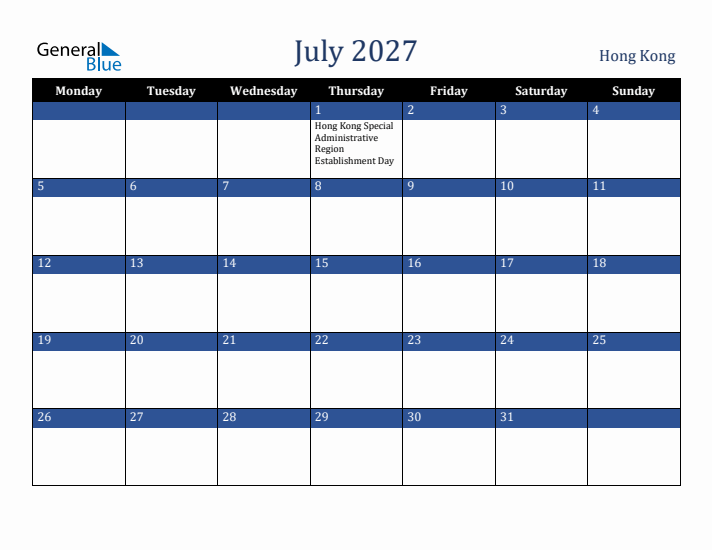 July 2027 Hong Kong Calendar (Monday Start)