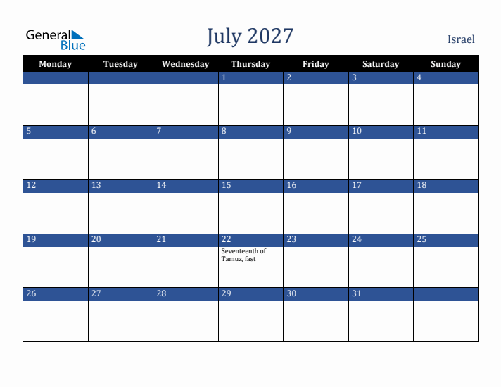 July 2027 Israel Calendar (Monday Start)