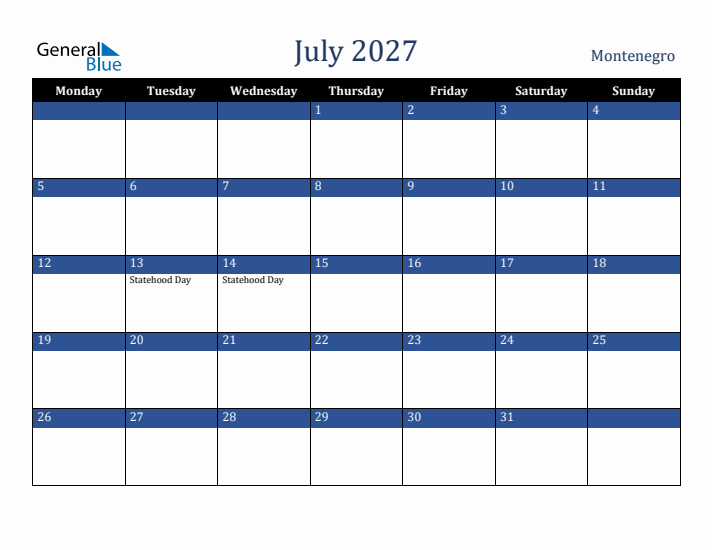 July 2027 Montenegro Calendar (Monday Start)