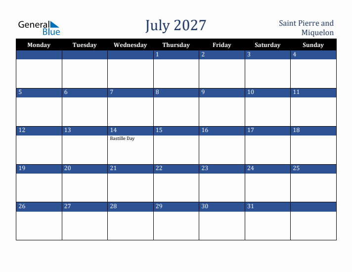 July 2027 Saint Pierre and Miquelon Calendar (Monday Start)