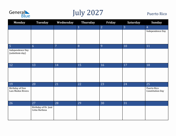 July 2027 Puerto Rico Calendar (Monday Start)