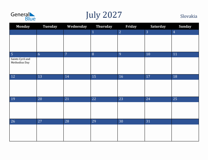 July 2027 Slovakia Calendar (Monday Start)