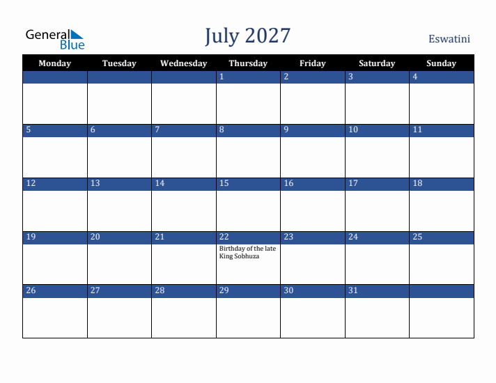 July 2027 Eswatini Calendar (Monday Start)
