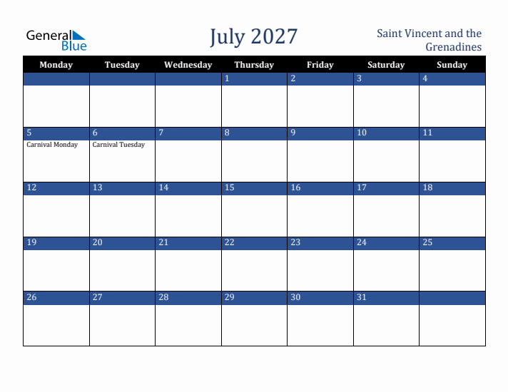July 2027 Saint Vincent and the Grenadines Calendar (Monday Start)