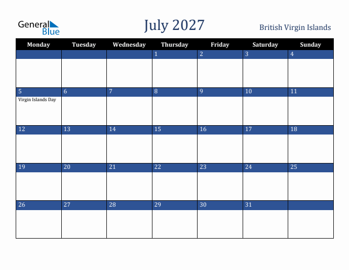 July 2027 British Virgin Islands Calendar (Monday Start)