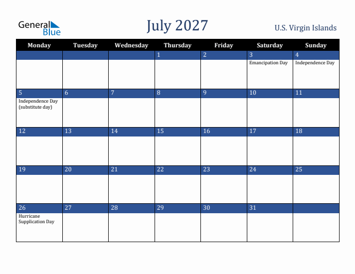 July 2027 U.S. Virgin Islands Calendar (Monday Start)