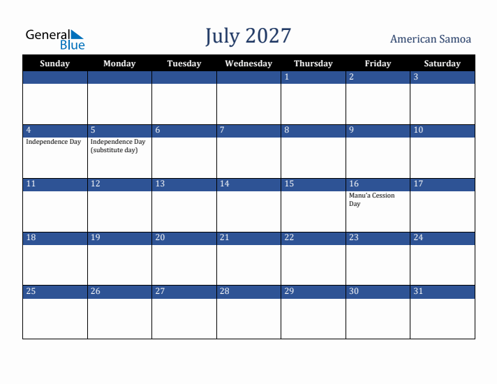 July 2027 American Samoa Calendar (Sunday Start)