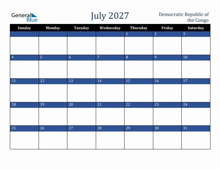 July 2027 Democratic Republic of the Congo Calendar (Sunday Start)
