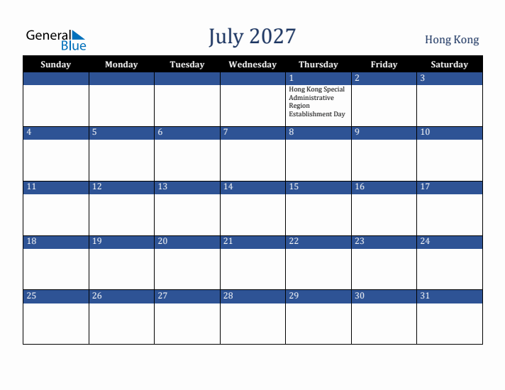 July 2027 Hong Kong Calendar (Sunday Start)