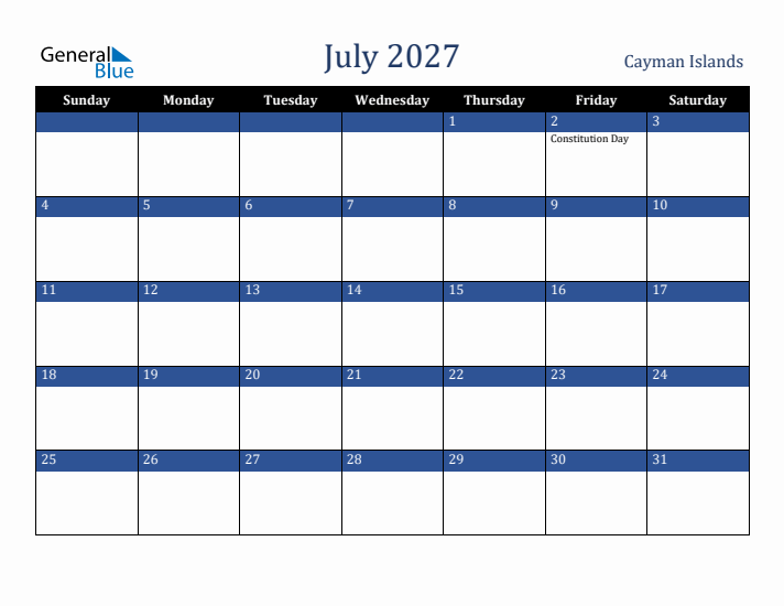 July 2027 Cayman Islands Calendar (Sunday Start)