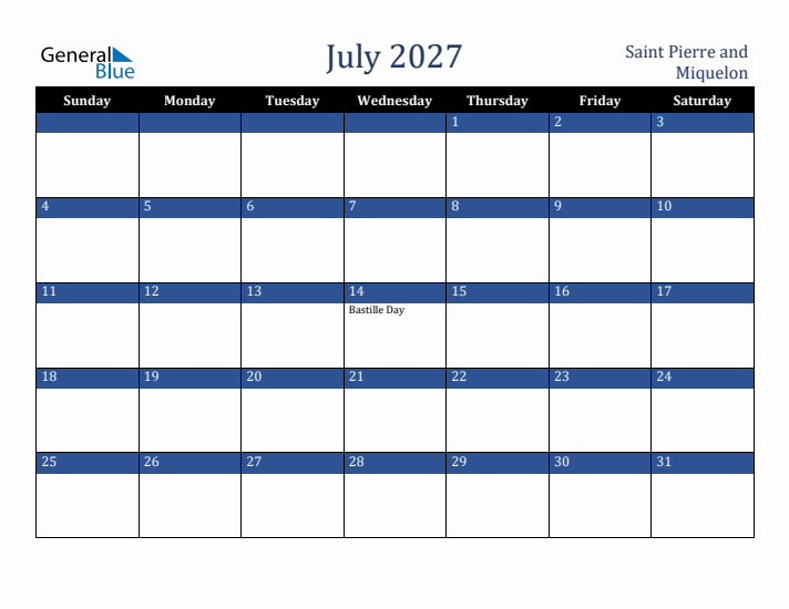 July 2027 Saint Pierre and Miquelon Calendar (Sunday Start)