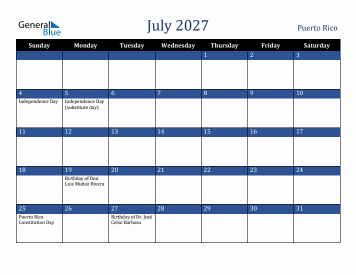 July 2027 Puerto Rico Calendar (Sunday Start)