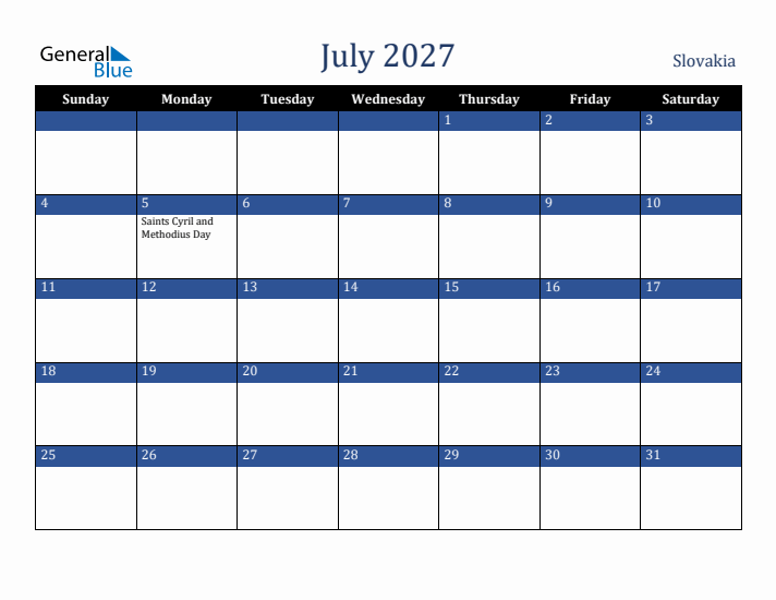 July 2027 Slovakia Calendar (Sunday Start)