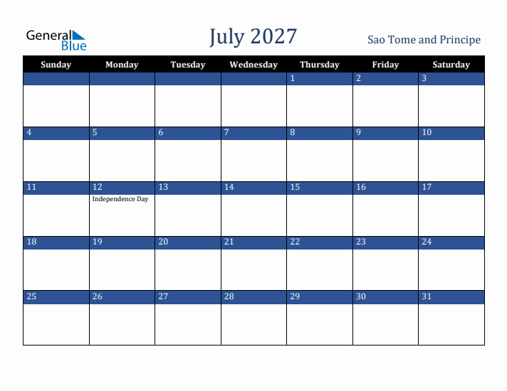 July 2027 Sao Tome and Principe Calendar (Sunday Start)