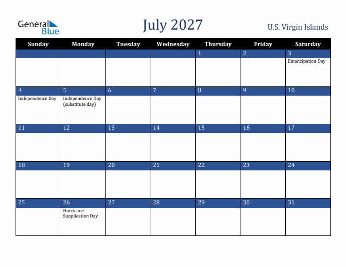 July 2027 U.S. Virgin Islands Calendar (Sunday Start)