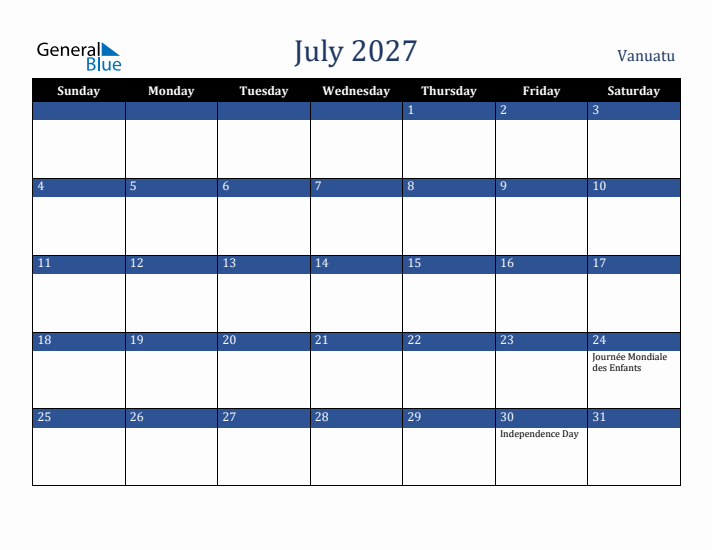 July 2027 Vanuatu Calendar (Sunday Start)