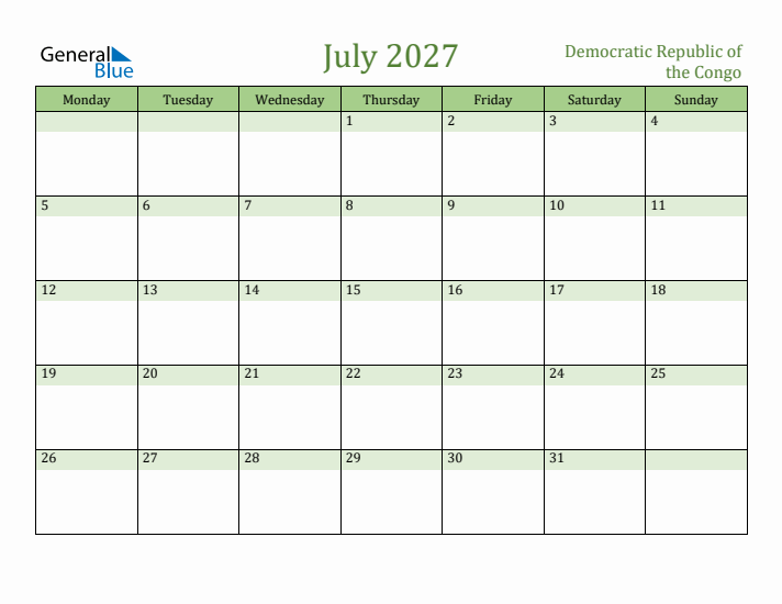 July 2027 Calendar with Democratic Republic of the Congo Holidays