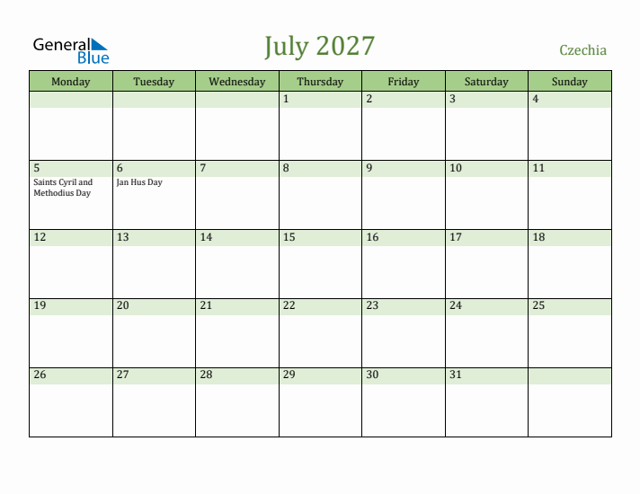 July 2027 Calendar with Czechia Holidays