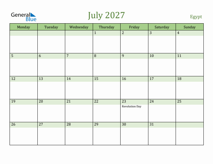 July 2027 Calendar with Egypt Holidays