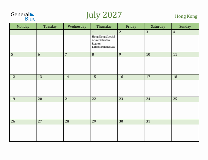 July 2027 Calendar with Hong Kong Holidays