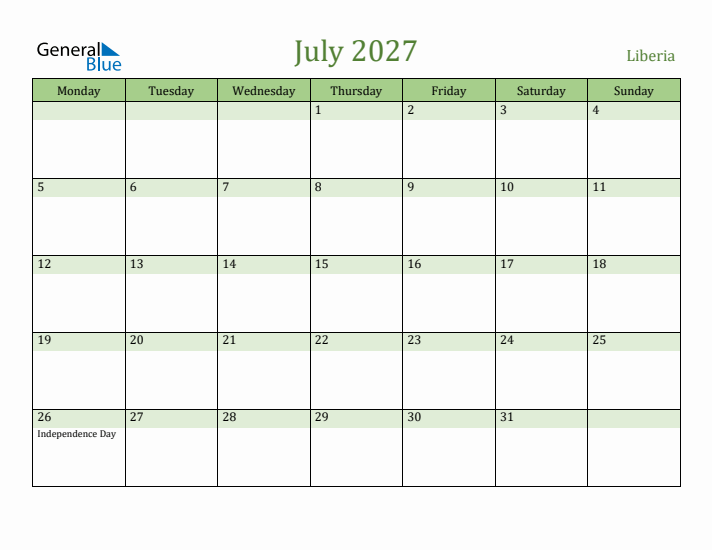 July 2027 Calendar with Liberia Holidays
