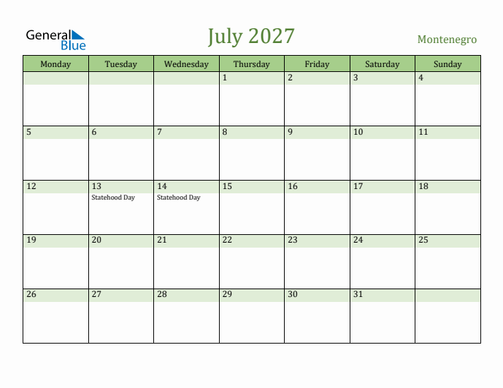 July 2027 Calendar with Montenegro Holidays
