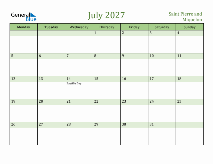 July 2027 Calendar with Saint Pierre and Miquelon Holidays