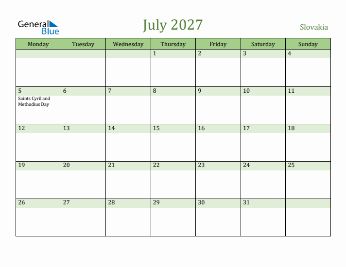 July 2027 Calendar with Slovakia Holidays