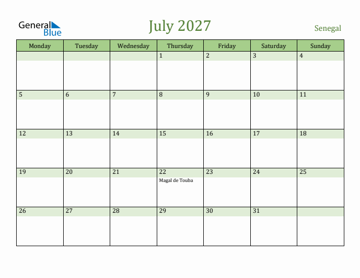 July 2027 Calendar with Senegal Holidays