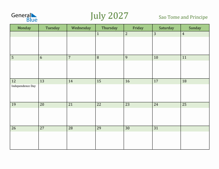 July 2027 Calendar with Sao Tome and Principe Holidays