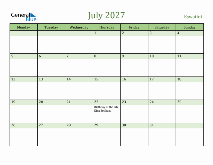 July 2027 Calendar with Eswatini Holidays