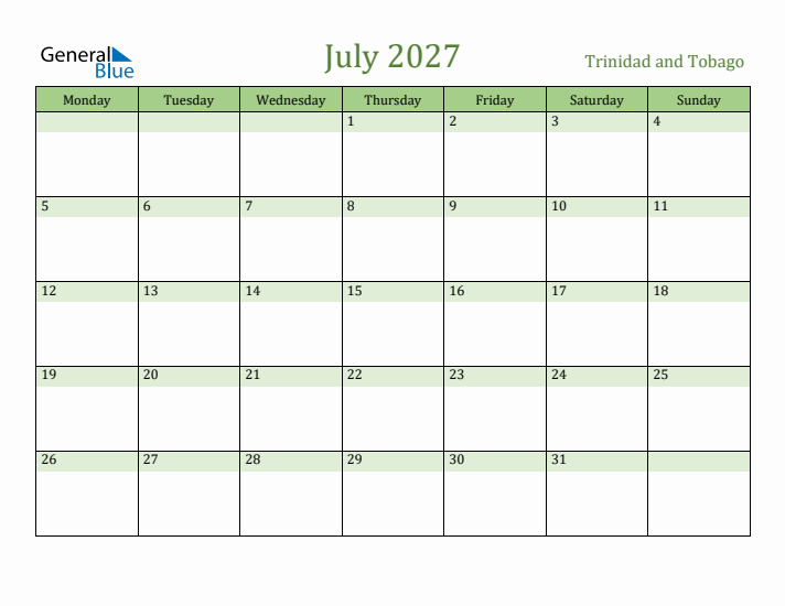 July 2027 Calendar with Trinidad and Tobago Holidays