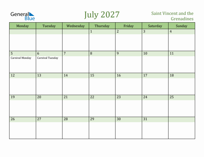July 2027 Calendar with Saint Vincent and the Grenadines Holidays